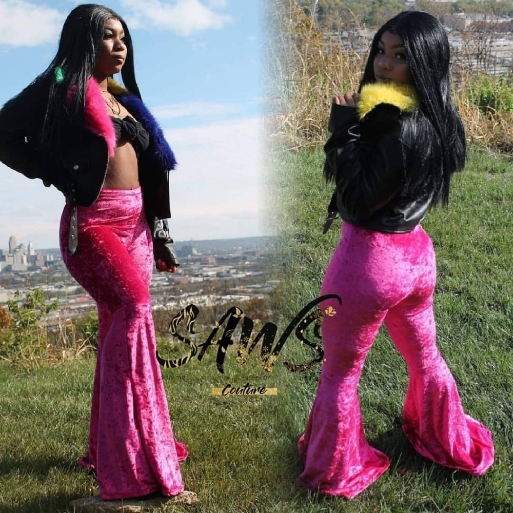 Fuchsia Velvet High Waisted Flare Pants